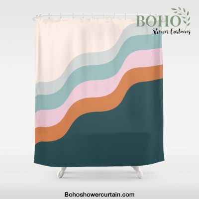 Abstract Diagonal Waves in Teal, Terracotta, and Pink Shower Curtain Offical Boho Shower Curtain Merch