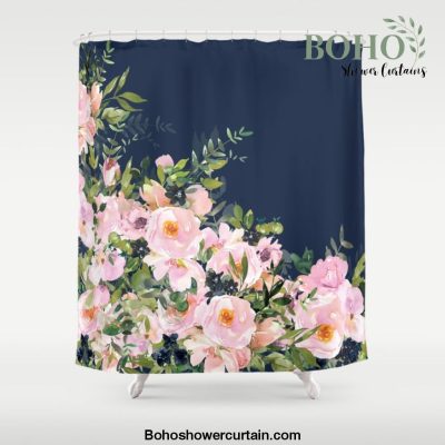 Boho, Floral Watercolor, Roses, Navy Blue and Pink Shower Curtain Offical Boho Shower Curtain Merch