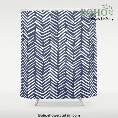 Boho Herringbone Pattern, Navy Blue and White Shower Curtain Offical Boho Shower Curtain Merch