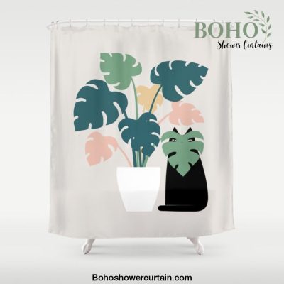Cat and Plant 21: Leaf Me Alone Shower Curtain Offical Boho Shower Curtain Merch