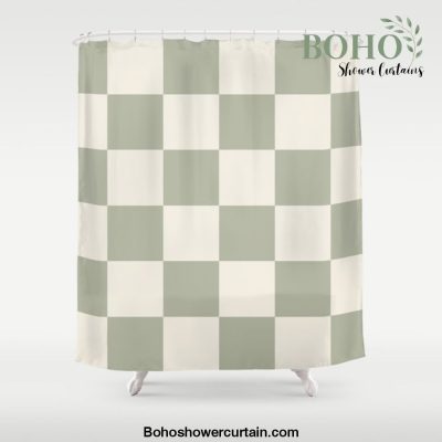 Checkered (Sage Cream) Shower Curtain Offical Boho Shower Curtain Merch