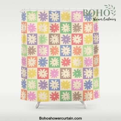 Colorful Flower Checkered Pattern Shower Curtain Offical Boho Shower Curtain Merch