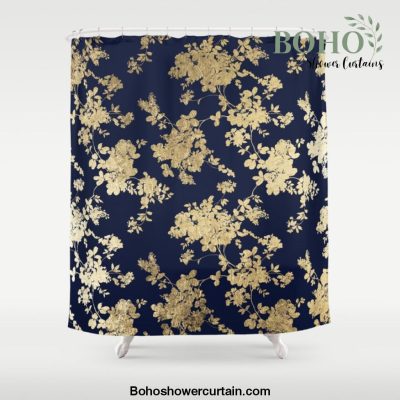 Elegant vintage navy blue faux gold flowers Shower Curtain Offical Boho Shower Curtain Merch