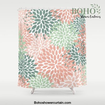 Festive, Abstract Floral Prints, Coral and Green Shower Curtain Offical Boho Shower Curtain Merch