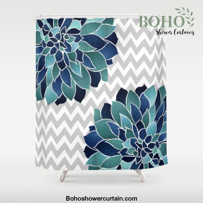 Festive, Chevron, Floral Prints, Navy, Teal and Gray Shower Curtain Offical Boho Shower Curtain Merch