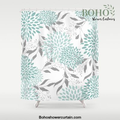 Festive, Floral Blooms and Leaves, Teal and Gray Shower Curtain Offical Boho Shower Curtain Merch