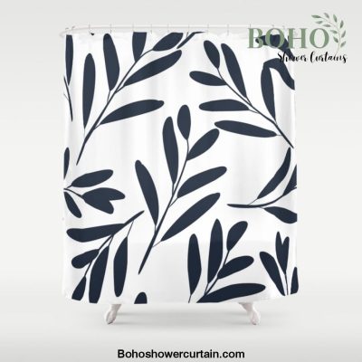 Festive, Floral, Leaves, Navy Blue and White Shower Curtain Offical Boho Shower Curtain Merch