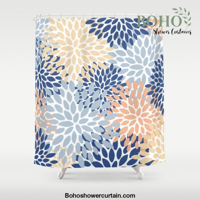 Festive, Floral Print, Coral, Peach, Light Blue, Navy, Colourful Prints Shower Curtain Offical Boho Shower Curtain Merch