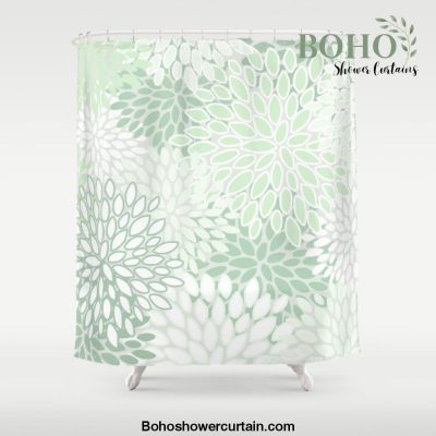Festive, Floral Prints, Soft, Green and White, Modern Print Art Shower Curtain Offical Boho Shower Curtain Merch