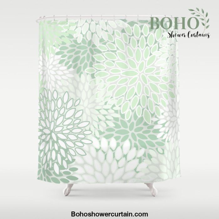 Festive, Floral Prints, Soft, Green and White, Modern Print Art Shower Curtain Offical Boho Shower Curtain Merch