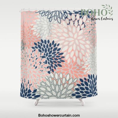 Festive, Modern, Floral Prints, Pink, Navy, Gray Shower Curtain Offical Boho Shower Curtain Merch