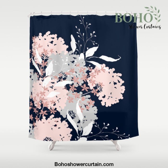 Festive, Wildflowers, Floral Print, Navy Blue and Pink Shower Curtain Offical Boho Shower Curtain Merch