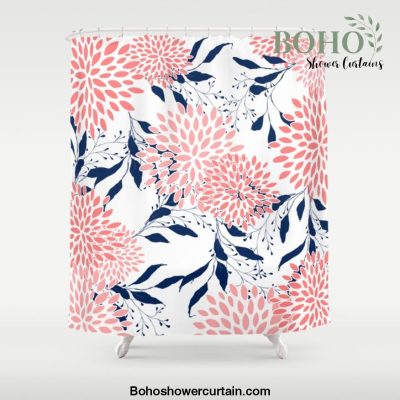Floral Blooms and Leaves, Navy Blue, Pink and White Shower Curtain Offical Boho Shower Curtain Merch