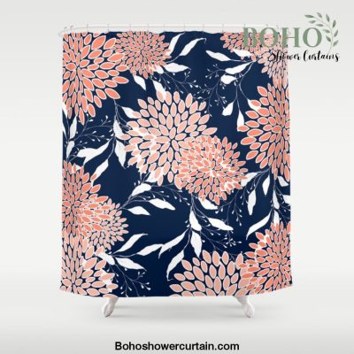 Floral Blooms and Leaves, Navy, Coral and White Shower Curtain Offical Boho Shower Curtain Merch