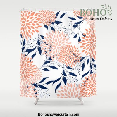 Floral Prints and Leaves, White, Coral and Navy Shower Curtain Offical Boho Shower Curtain Merch