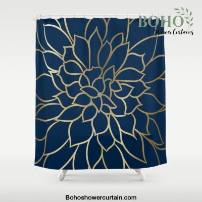 Floral Prints, Line Art, Navy Blue and Gold Shower Curtain Offical Boho Shower Curtain Merch