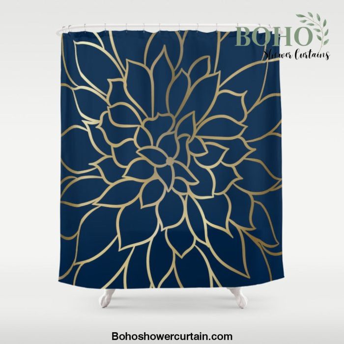 Floral Prints, Line Art, Navy Blue and Gold Shower Curtain Offical Boho Shower Curtain Merch