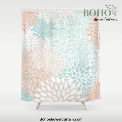 Floral Prints, Soft, Peach and Teal, Modern Print Art Shower Curtain Offical Boho Shower Curtain Merch