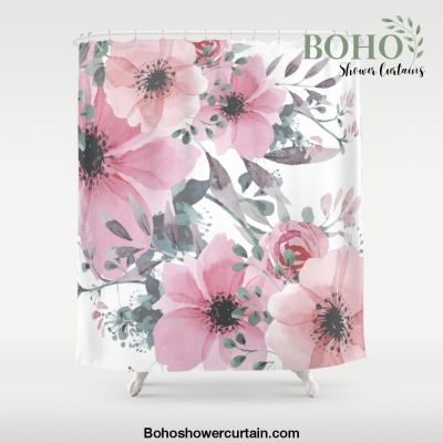 Floral Watercolor, Pink and Gray, Watercolor Print Shower Curtain Offical Boho Shower Curtain Merch