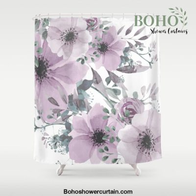 Floral Watercolor, Purple and Gray Shower Curtain Offical Boho Shower Curtain Merch
