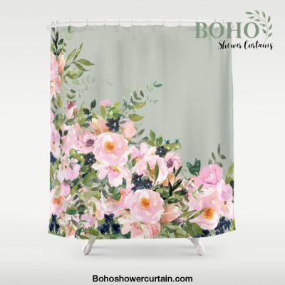 Floral Watercolor, Roses, Green and Pink Shower Curtain Offical Boho Shower Curtain Merch