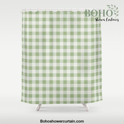 Gingham Pattern - Natural Green Shower Curtain Offical Boho Shower Curtain Merch
