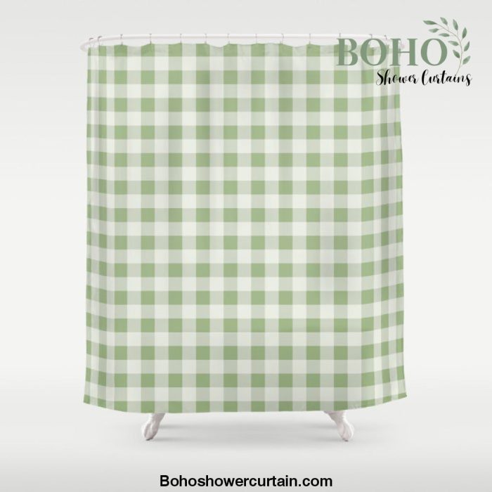 Gingham Pattern - Natural Green Shower Curtain Offical Boho Shower Curtain Merch