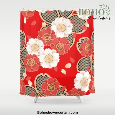 Japanese Vintage Red Black White Floral Kimono Pattern Shower Curtain Offical Boho Shower Curtain Merch