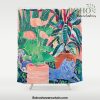 Jungle of House Plants Blush Still Life Painting with Blue Lion Figurine Shower Curtain Offical Boho Shower Curtain Merch