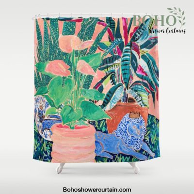 Jungle of House Plants Blush Still Life Painting with Blue Lion Figurine Shower Curtain Offical Boho Shower Curtain Merch