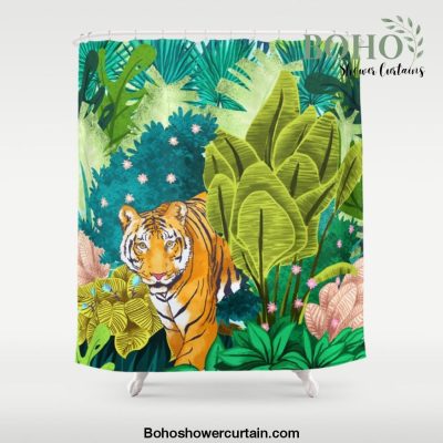 Jungle Tiger | Modern Bohemian Colorful Forest | Tropical Botanical Nature Watercolor Painting Shower Curtain Offical Boho Shower Curtain Merch