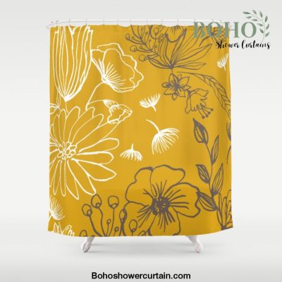 Line Art, Yellow and Gray, Leaves and Floral Prints Shower Curtain Offical Boho Shower Curtain Merch