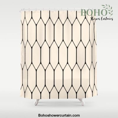 Long Honeycomb Geometric Minimalist Pattern in Almond Cream and Black Shower Curtain Offical Boho Shower Curtain Merch