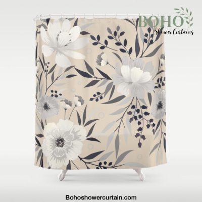 Modern, Boho, Floral Prints, Beige, Gray and White Shower Curtain Offical Boho Shower Curtain Merch