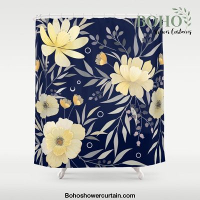 Modern, Boho, Floral Prints, Blue and Yellow Shower Curtain Offical Boho Shower Curtain Merch
