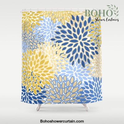 Modern, Floral Prints, Summer, Yellow and Blue Shower Curtain Offical Boho Shower Curtain Merch
