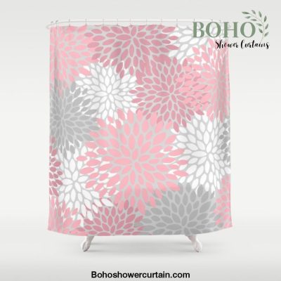 Modern Flower Garden, Pink and Gray, Floral Prints Shower Curtain Offical Boho Shower Curtain Merch