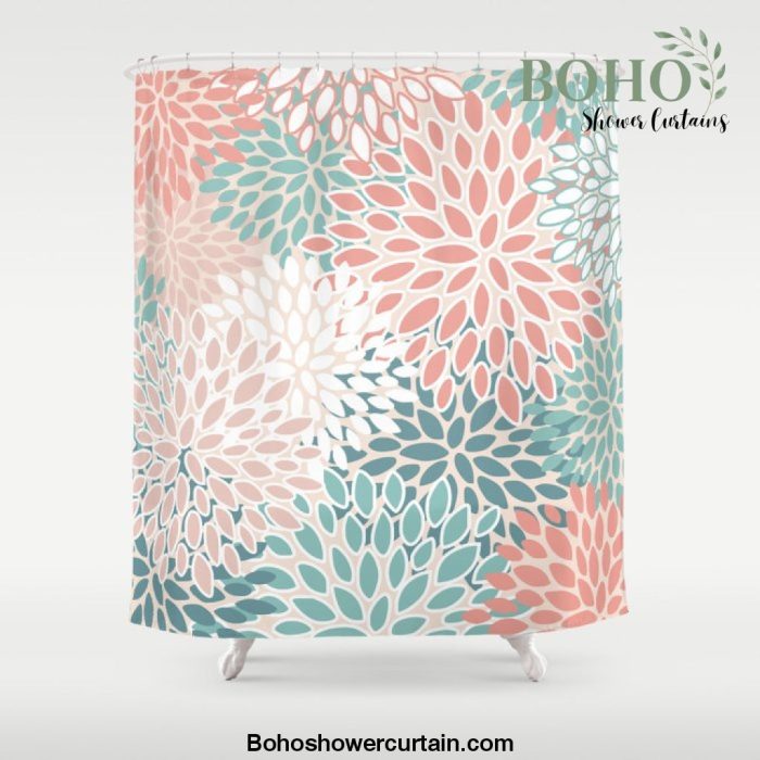 Modern Flowers Print, Coral, Pink and Teal Shower Curtain Offical Boho Shower Curtain Merch