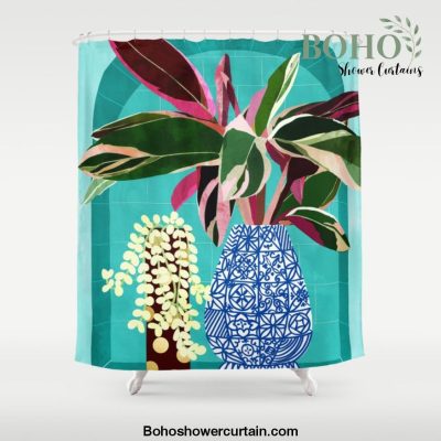 Moroccan Shelfie | Tropical Teal Plants Botanical | Exotic Modern Bohemian Eclectic DÃ©cor Shower Curtain Offical Boho Shower Curtain Merch