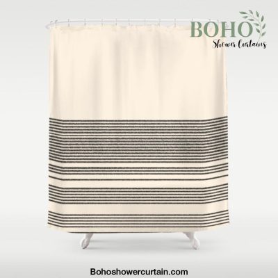 Organic Stripes - Minimalist Textured Line Pattern in Black and Almond Cream Shower Curtain Offical Boho Shower Curtain Merch