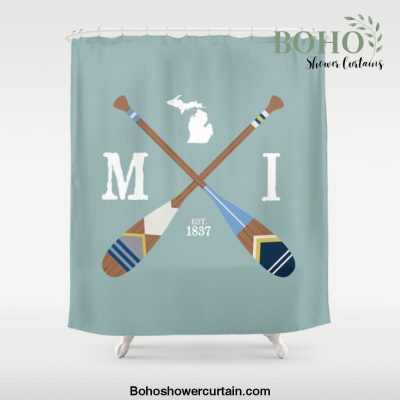 Paddle MI, Michigan Lake Life Painted Oars Shower Curtain Offical Boho Shower Curtain Merch