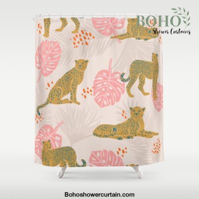 Pink Palm Tropical Cheetah Pattern Shower Curtain Offical Boho Shower Curtain Merch
