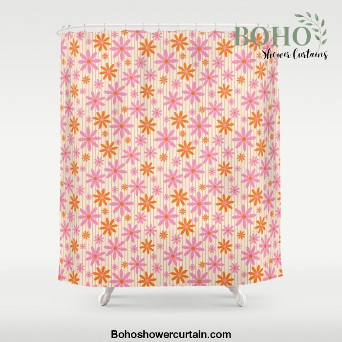 Retro 70s Groovy Daisy Pattern with Stripes, Hot Orange and Pink Shower Curtain Offical Boho Shower Curtain Merch