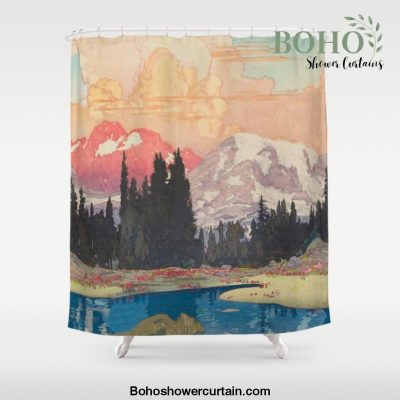 Storms over Keiisino - Winter Mountain & Forest Ukiyoe Nature Landscape in Pink, Blue, and Green Shower Curtain Offical Boho Shower Curtain Merch