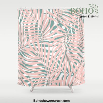 Summer, Tropical Green and Pink, Palm Leaves Pattern Shower Curtain Offical Boho Shower Curtain Merch