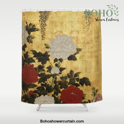 Vintage Japanese Floral Gold Leaf Screen With Wisteria and Peonies Shower Curtain Offical Boho Shower Curtain Merch