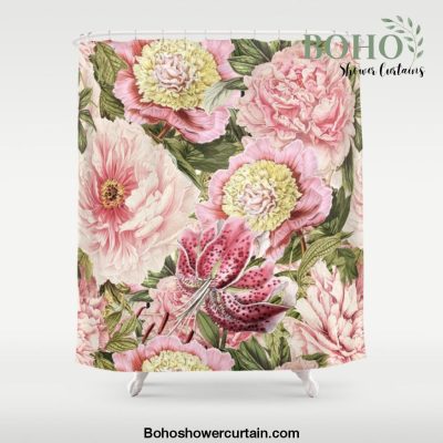 Vintage & Shabby Chic Floral Peony & Lily Flowers Watercolor Pattern Shower Curtain Offical Boho Shower Curtain Merch