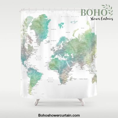 Watercolor world map in muted green and brown Shower Curtain Offical Boho Shower Curtain Merch