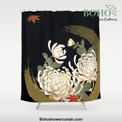 White Peonies Red Maple Leaves Japanese Kimono Pattern Shower Curtain Offical Boho Shower Curtain Merch