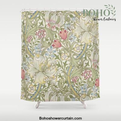 William Morris Vintage Golden Lily Green & Red Shower Curtain Offical Boho Shower Curtain Merch